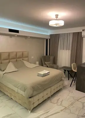 a bedroom with a large bed and a living room at Liga apartment in Vračar (historical)