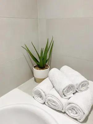 a white bathroom with towels and a potted plant at Lolita Lux - Belgrade Waterfront in Belgrade