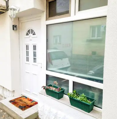 two plants sitting on a window sill next to a door at Angelina 2 in Belgrade