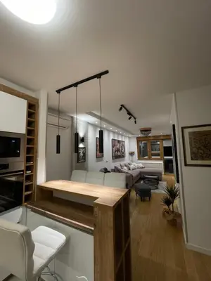 a kitchen and living room with a table and a couch at Garden House Lux in Belgrade