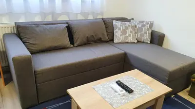 a brown couch with a coffee table in a living room at IMPERIUM stan na dan in Inđija