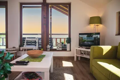 a living room with a couch and a tv at LIPA houses & spa in Sopot