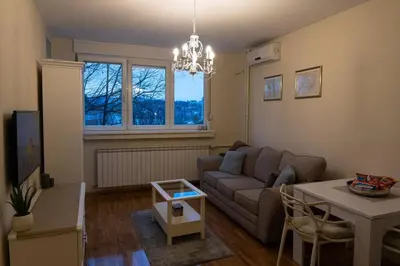a living room with a couch and a table at Classico apartment Belgrade in Voždovac