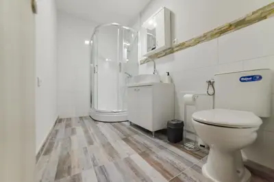 a bathroom with a toilet and a shower and a sink at Apartmani Statik SD in Smederevo