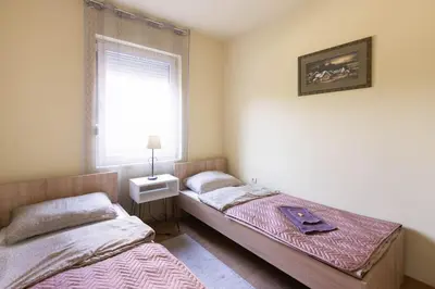 two twin beds in a room with a window at Charlie&Blueberries in Belgrade