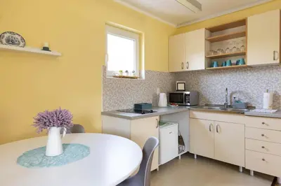 a kitchen with a table with a vase of flowers on it at Charlie&Blueberries in Belgrade