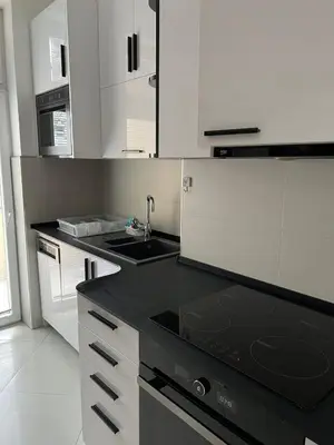 a kitchen with white cabinets and a black stove top oven at Apartment Alex in Belgrade