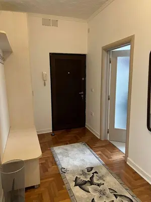 an empty living room with a black door and a rug at Apartment Alex in Belgrade
