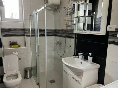 a bathroom with a shower and a toilet and a sink at Apartment Alex in Belgrade