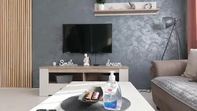 a living room with a tv and a table at Apartman 23 in Belgrade