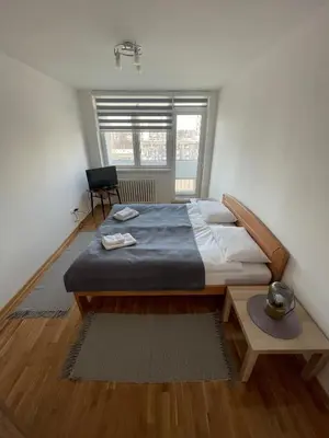 a bedroom with a large bed and a window at New Belgrade apartment in Belgrade
