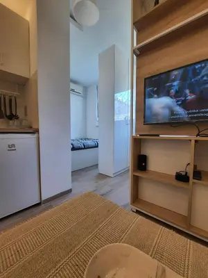a living room with a flat screen tv on a wall at Apartment Piccolo Ada in Belgrade