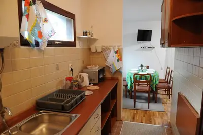 a small kitchen with a sink and a table at Vikend-kuca Vevericji Kraj in Vranić