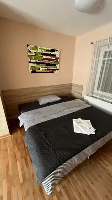 a bedroom with a bed with a black comforter at Charlie&Blueberries 1 in Belgrade