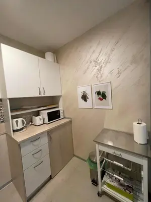 a small kitchen with white cabinets and a counter at Apartment Belgrade Nº3 in Belgrade