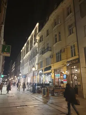 a group of people walking down a street at night at Apartment Belgrade Nº3 in Belgrade