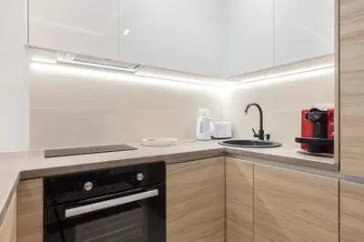 a kitchen with a black oven and a sink at A Blok Top Living in Belgrade