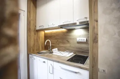 a small kitchen with a sink and a stove at VILA MB in Ruma