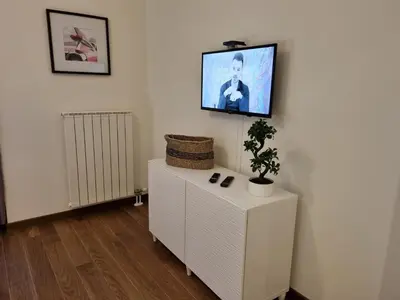 a living room with a tv on a wall at BW Arcadia deluxe apartments in Sajmište