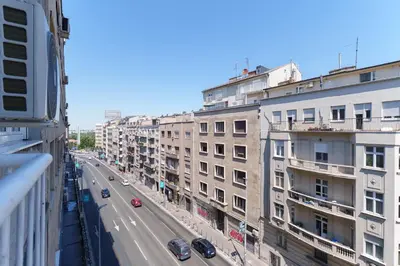 a view of a city street with cars on the road at Quince Apartment-City Center-Free parking in Belgrade