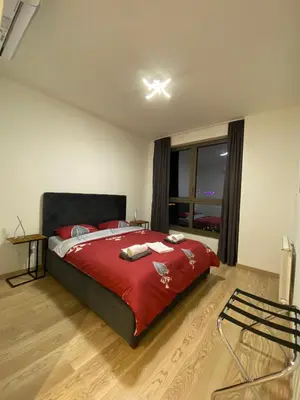 a bedroom with a large bed with a red blanket at Aurora 21 in Belgrade