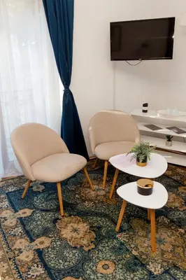 a living room with two chairs and a tv at Red Clay Apartments City Club in Belgrade