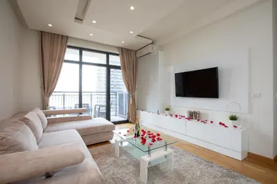 a living room with a couch and a tv at Belgrade Waterfront Apartments - River View in Belgrade