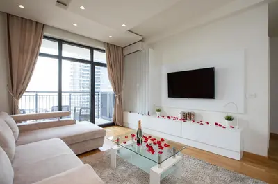 a living room with a couch and a tv at Belgrade Waterfront Apartments - River View in Belgrade