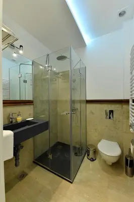 a bathroom with a glass shower and a toilet at Villa Luxury Rooms - Wine Resort in Smederevo