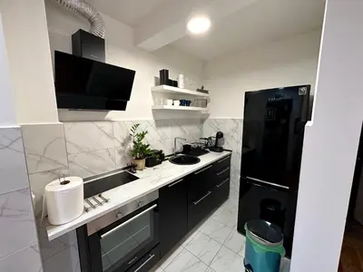 a kitchen with a sink and a black refrigerator at Belgrade Apartment 3 in Zvezdara
