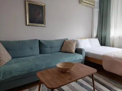 a living room with a couch and a table at Green 1 in Belgrade