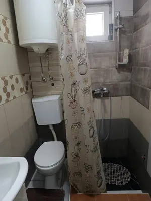 a bathroom with a toilet and a shower curtain at Stan na dan studio in Inđija