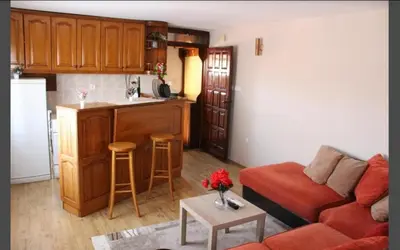 a living room with a couch and a kitchen at Apartman AS in Belgrade