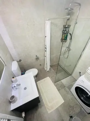 a bathroom with a shower and a toilet and a sink at Muki apartments in Surčin