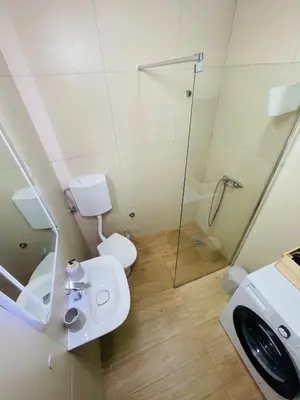 a bathroom with a shower and a sink and a toilet at Muki apartments in Surčin