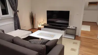 a living room with a couch and a tv at Apartman Lena in Arandjelovac