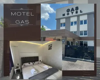 a collage of photos of a hotel with a bed and a sign at Motel Gas in Belgrade