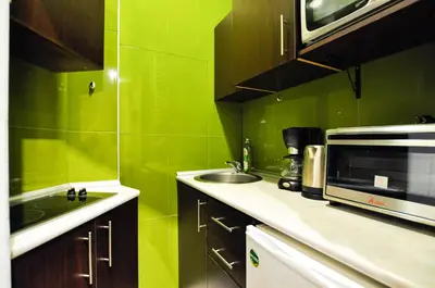 a green kitchen with a sink and a microwave at Heart of Belgrade Skadarlija Apartment in Belgrade