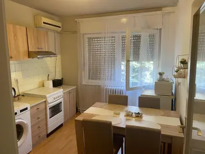 a kitchen with a table and a stove and a sink at Apartman CENTAR in Titel