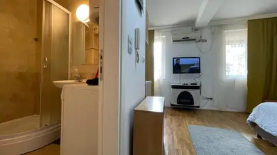 a bathroom with a sink and a tub and a television at Voždovac Vitanovacka in Belgrade