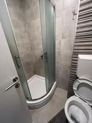 a bathroom with a shower and a toilet at Delete 4 in Novi Grad