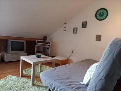 a bedroom with a bed and a tv and a table at Apartman Lara in Belgrade