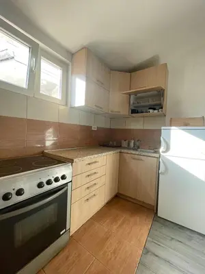 a kitchen with wooden cabinets and a stove and a refrigerator at Vracar Apartment in Belgrade