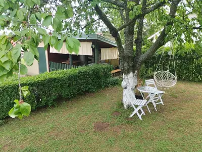 a swing and a chair sitting under a tree at KosMaj Dan Belgrade, Sopot in Belgrade
