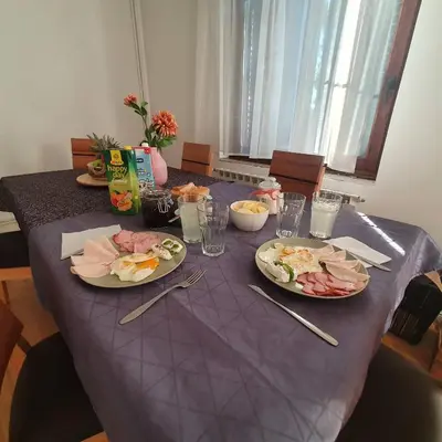 a table with plates of food on a purple table cloth at Che Private Rooms Banovci in Novi Banovci