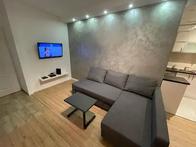 a living room with a couch and a tv on a wall at New Sky Terrace in Belgrade