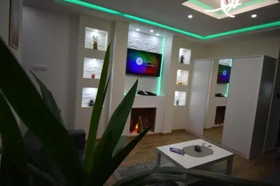 a living room with a fireplace and a tv at Apartments Wolf in Belgrade