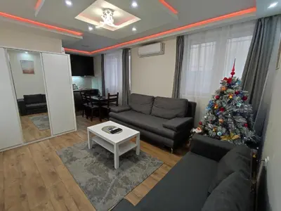 a living room with a christmas tree and a couch at Apartments Wolf in Belgrade