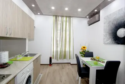 a kitchen with a table and a sink and a table with chairs at Apartment Savska in Belgrade