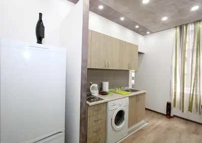 a kitchen with a washing machine and a washer and dryer at Apartment Savska in Belgrade